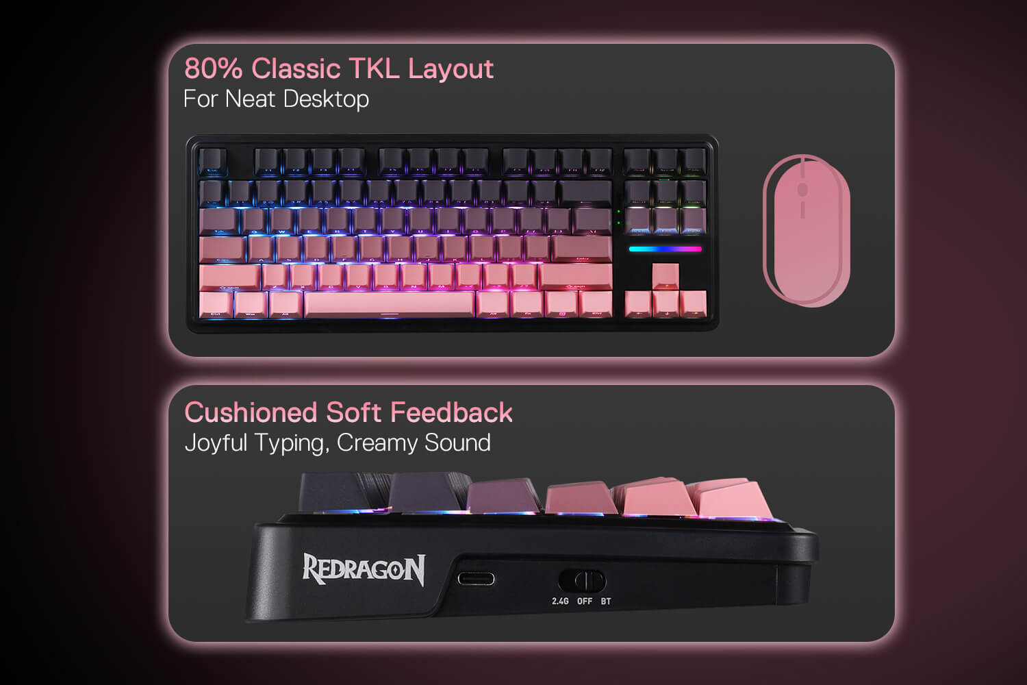 Redragon K728 PRO 80% Wireless Gasket Gaming Keyboard, 3-Mode 87 Keys TKL Mechanical Keyboard w/South-Facing LED & Hot-Swap Socket, 5-Layer Noise Dampening, Custom Linear Switch, PBT Gradient Keycaps