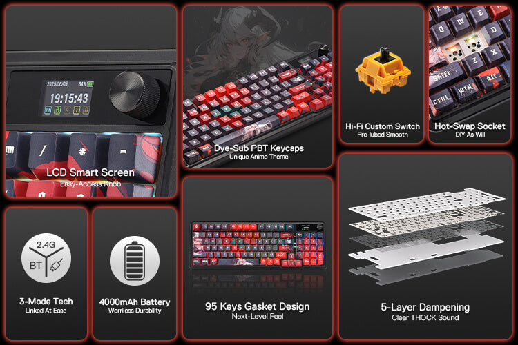 Redragon K719 PRO Wireless Gasket Gaming Keyboard w/Hype Screen & Knob, 95 Keys Mechanical Keyboard