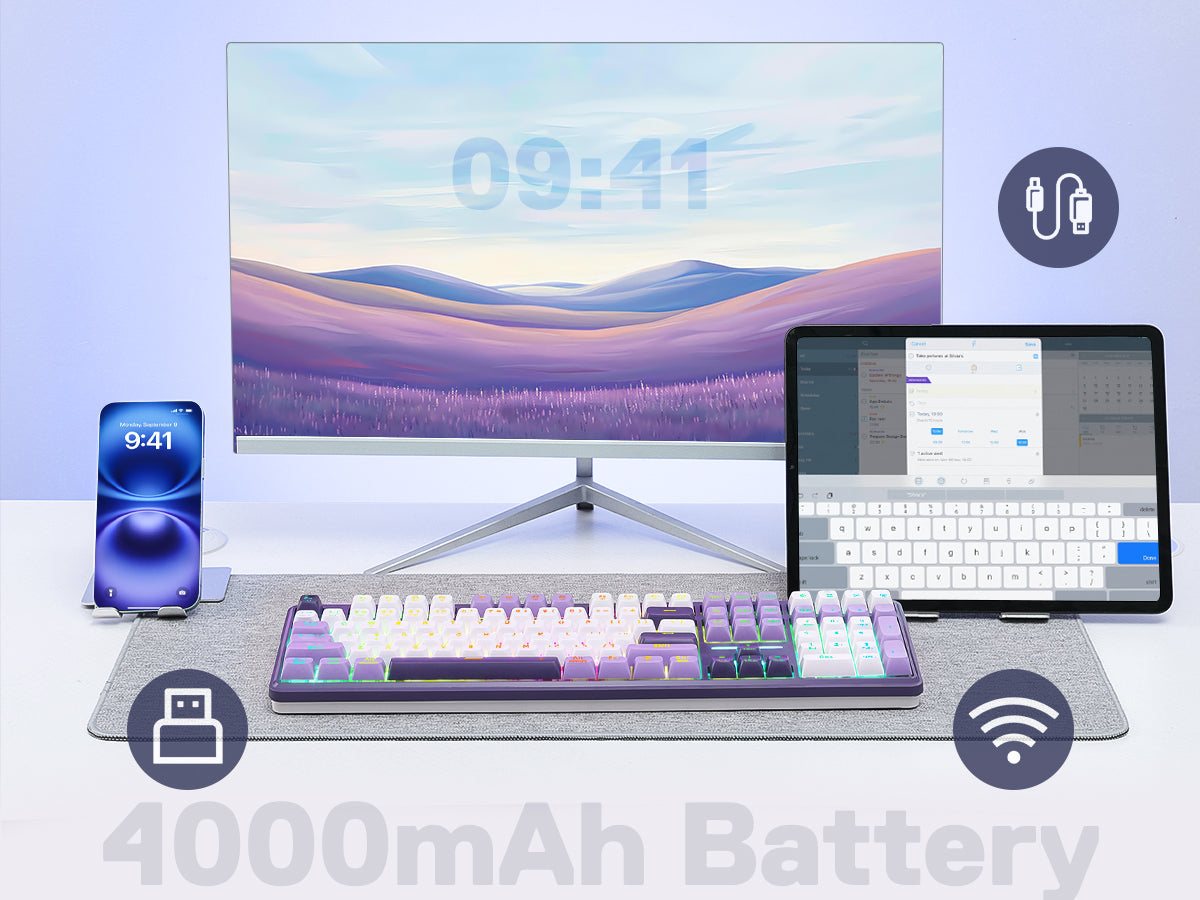 Computer setup with monitor, keyboard, and smartphone on a desk, featuring connectivity icons and battery information.