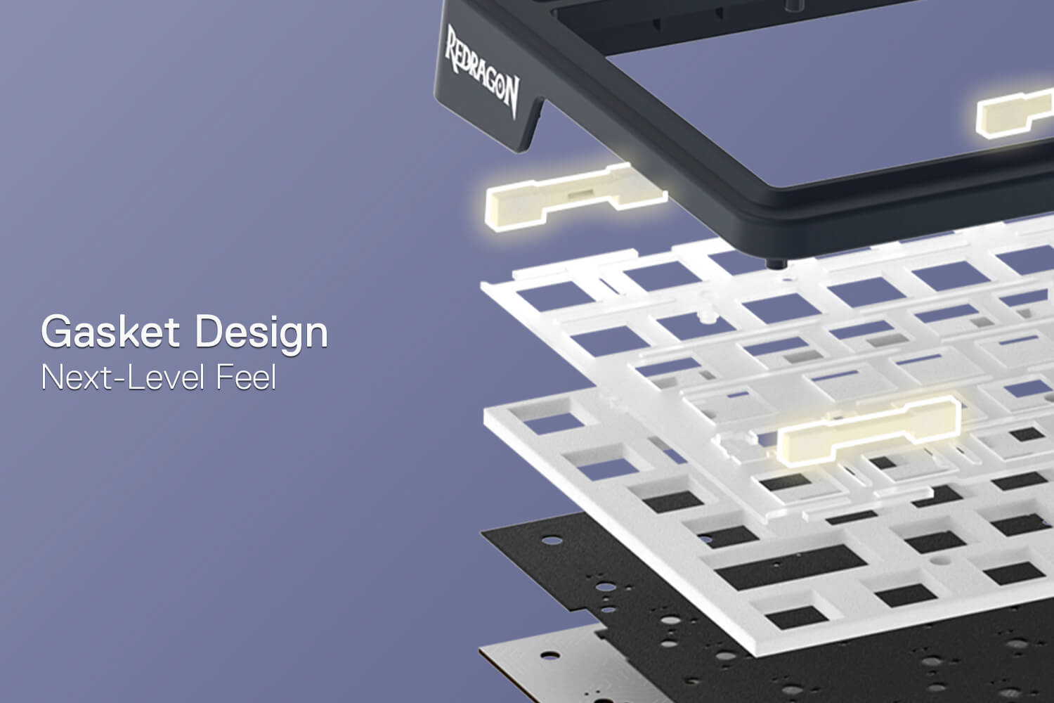 Disassembled view of the Redragon K686 PRO SE keyboard, showcasing the gasket mounting structure for superior comfort and reduced noise