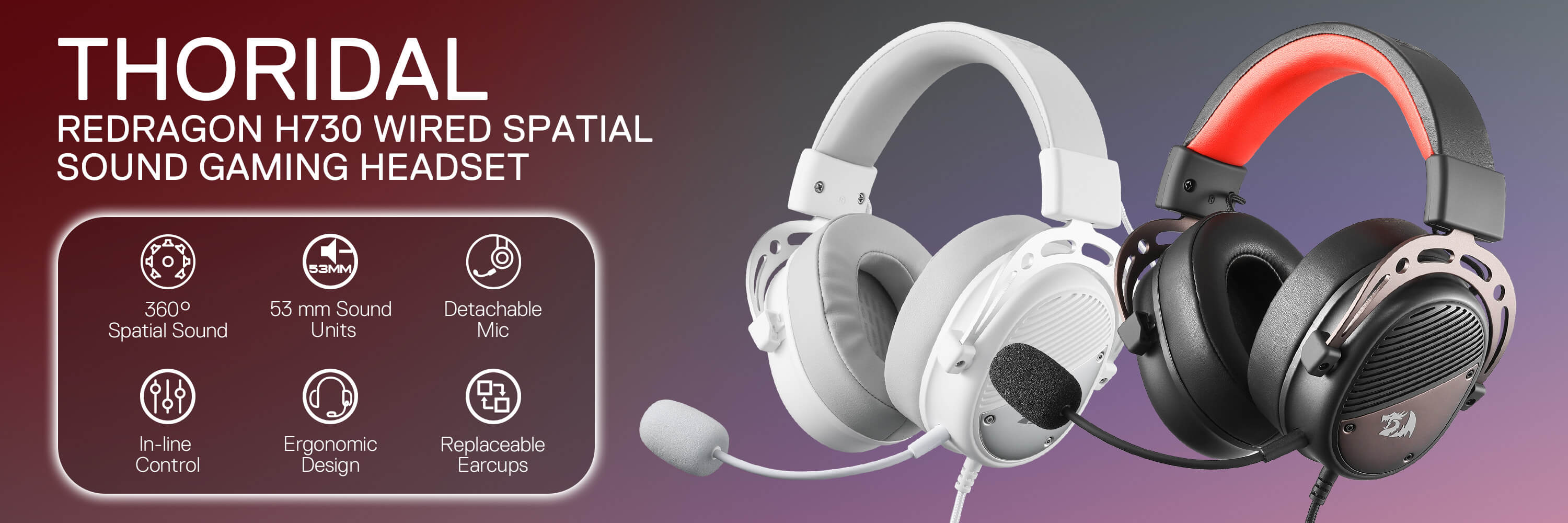 Redragon H730 USB Wired Gaming Headset - 53mm Drivers, 360° Spatial Sound, Detachable Noise-Canceling Microphone, Magnetic Replaceable Ear Cushions, Over-Ear Headphones Works for PC/PS4/PS5, White Black