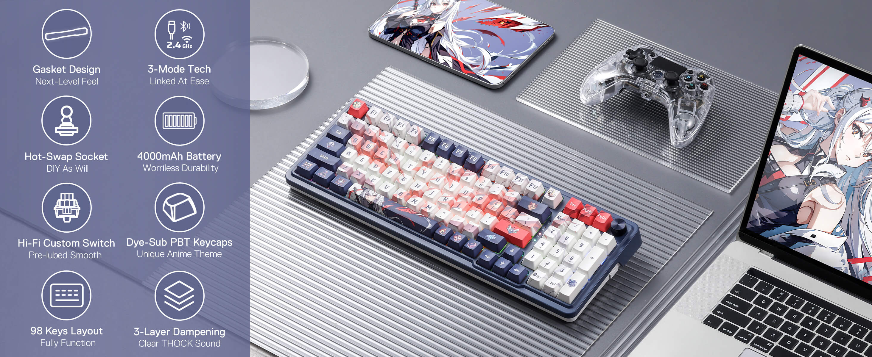 K686 PRO SE keyboard showcasing 4000mAh battery, gasket design, and 3-mode connection options for gaming performance