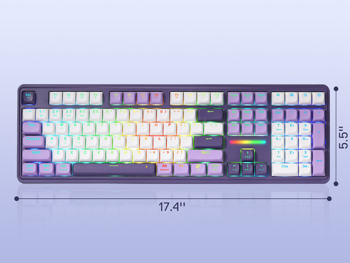 Redragon K745 PRO Keyboard with RGB backlighting and measurements on a light purple background