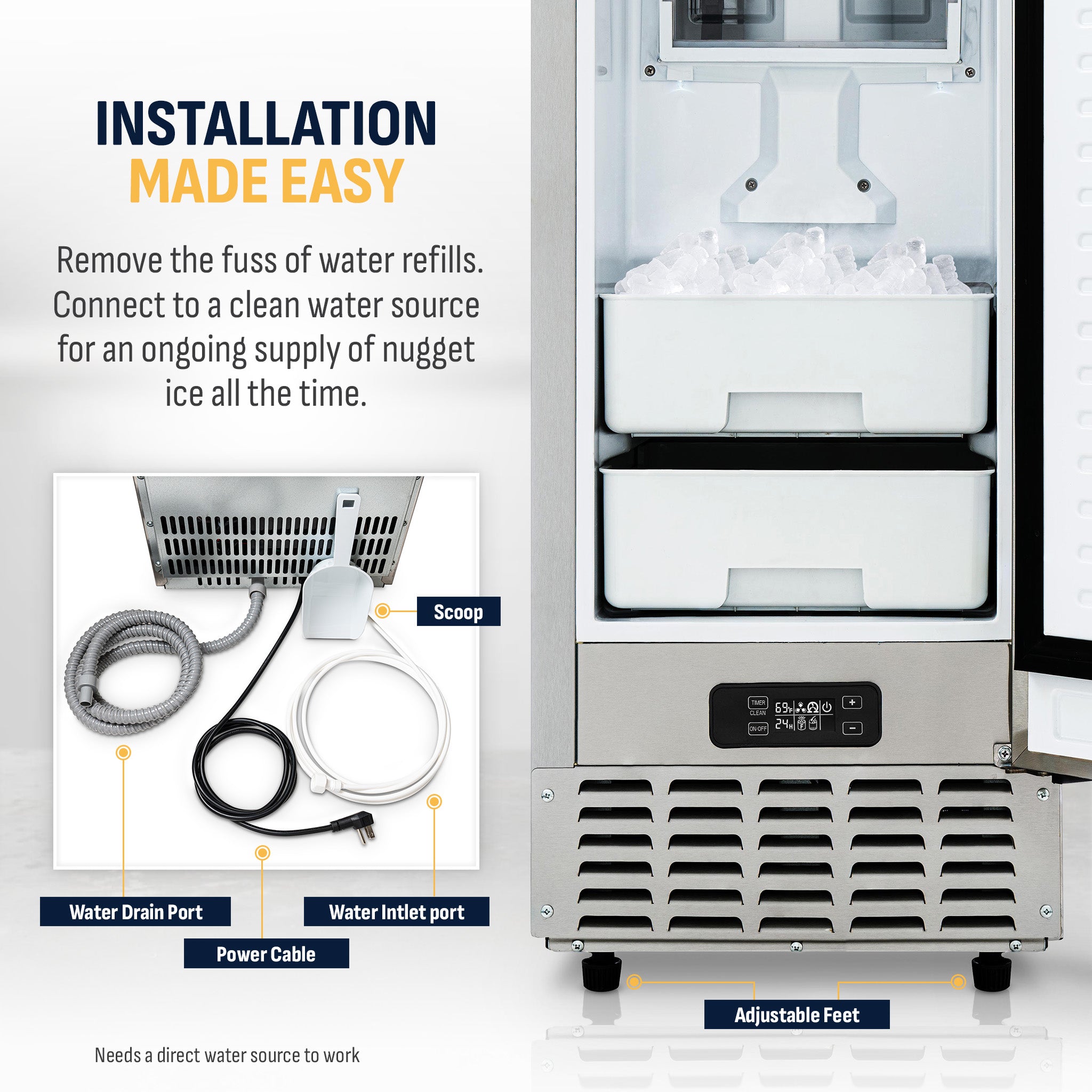 15” Undercounter Nugget Ice Maker, 66 lbs/day - Stainless Steel