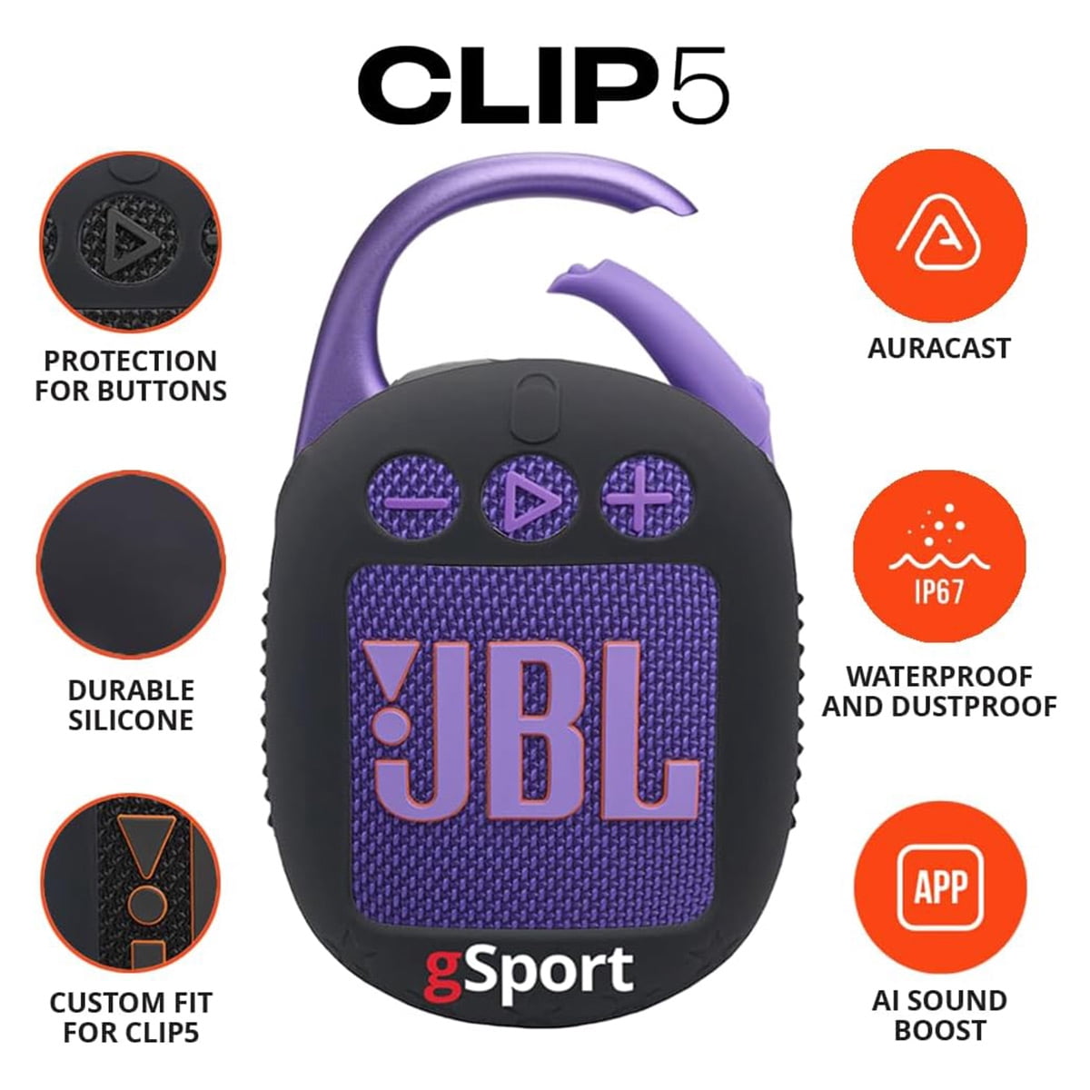  Clip 5 Ultra Portable Bluetooth Speaker with gSport Silicone Sleeve (Purple)