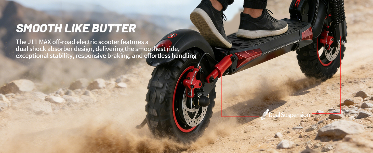 Text reads 'SMOOTH LIKE BUTTER'. Close-up shot of motorcycle tire on dirt or gravel terrain, with motion blur suggesting movement.