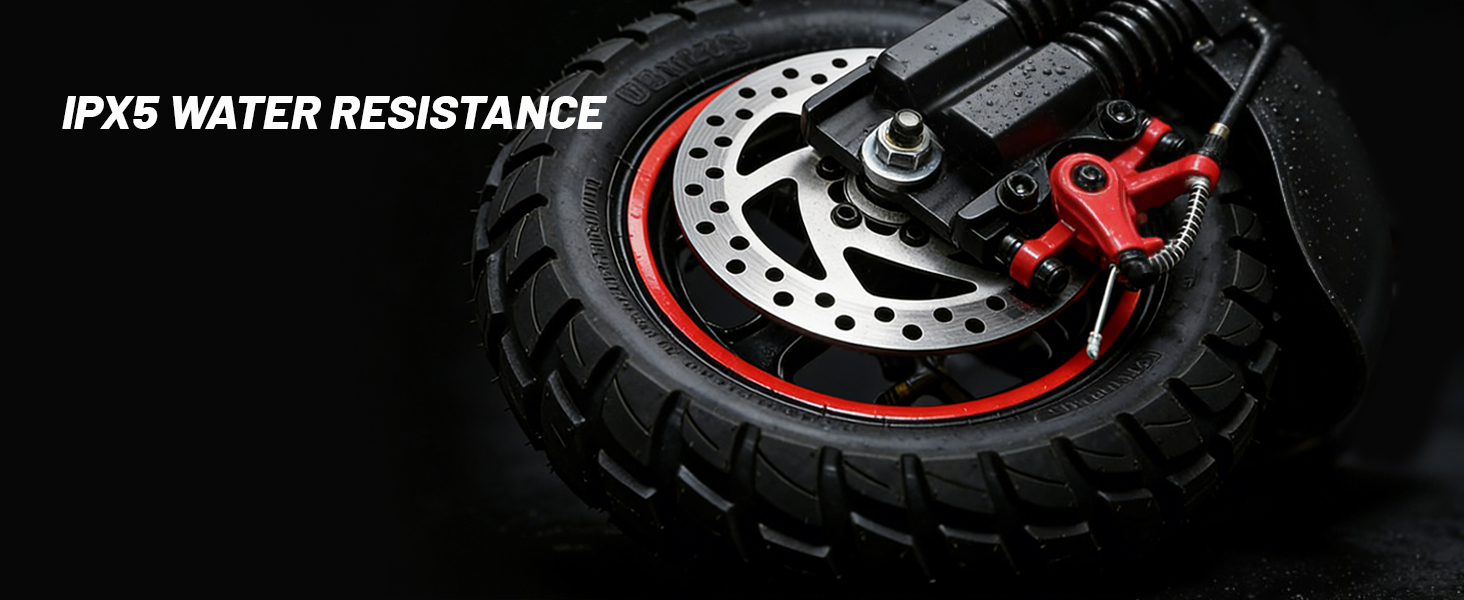 Text reads 'IPX5 WATER RESISTANCE'. Close-up product shots showing technical details with red and black color scheme.