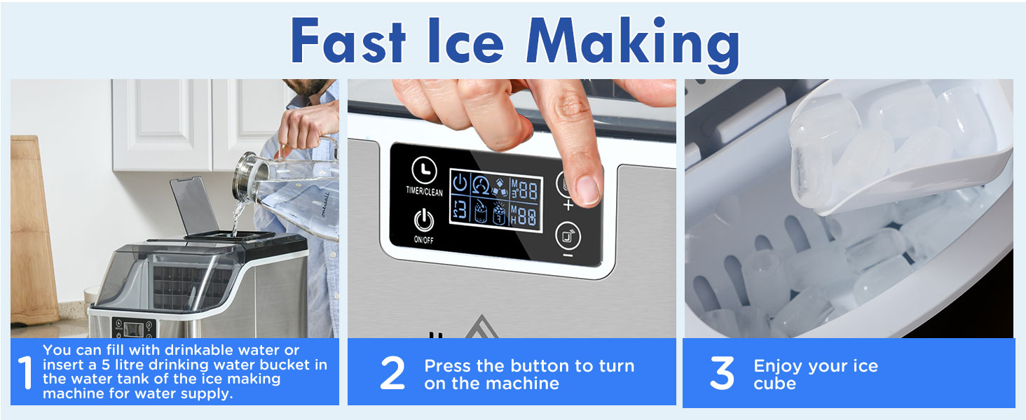 Ice maker with digital display showing fast ice making process: filling water, pressing button to start, and enjoying ice cubes in a glass.