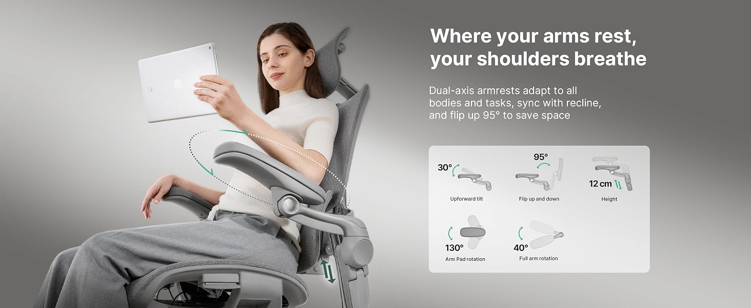 Text reads 'Where your arms rest, your shoulders breathe'. Product demonstration showing ergonomic positioning diagram with measurement indicators and angles.