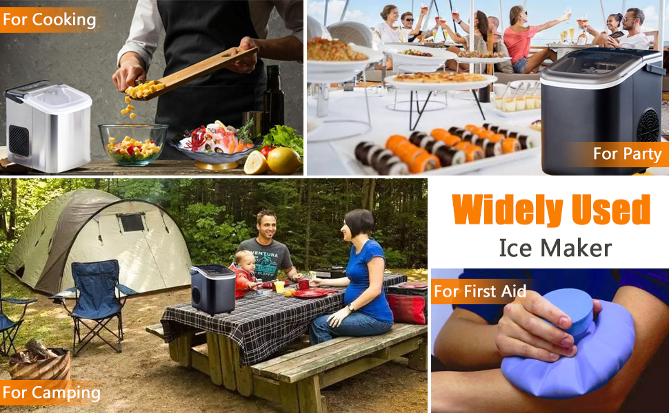Collage showcasing portable ice maker in various settings: cooking, party buffet, camping, and first aid, emphasizing its versatility.