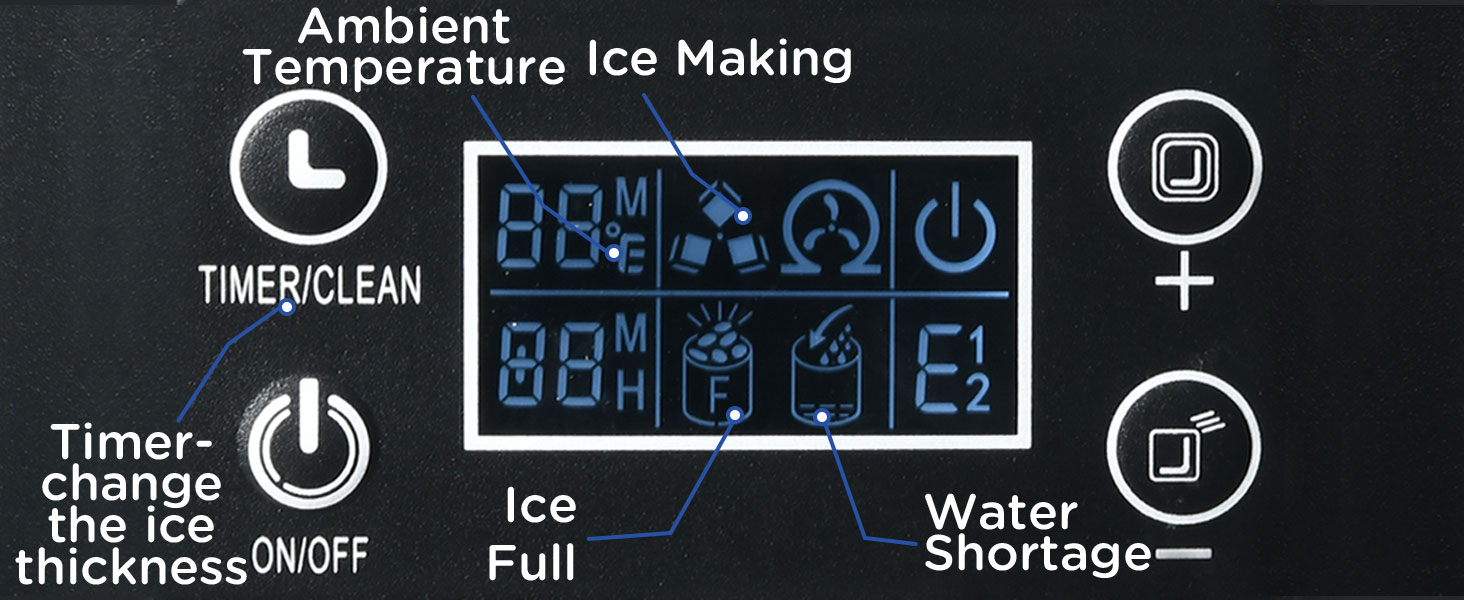 Digital control panel for ice maker. Displays ambient temperature, timer/clean function, ice fullness, and water shortage indicators. Touch controls visible.