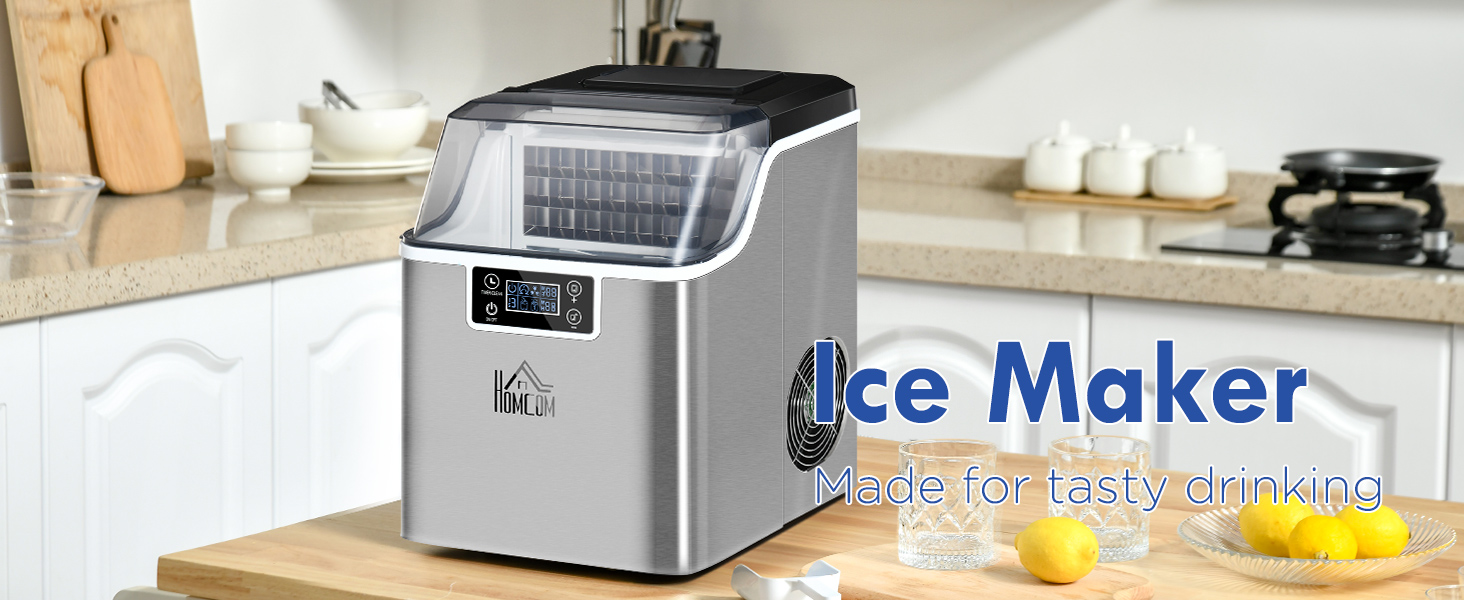 Stainless steel ice maker on kitchen counter. Digital display panel, large ice production capacity. Text reads 'Ice Maker' with 'for tasty drinking'.