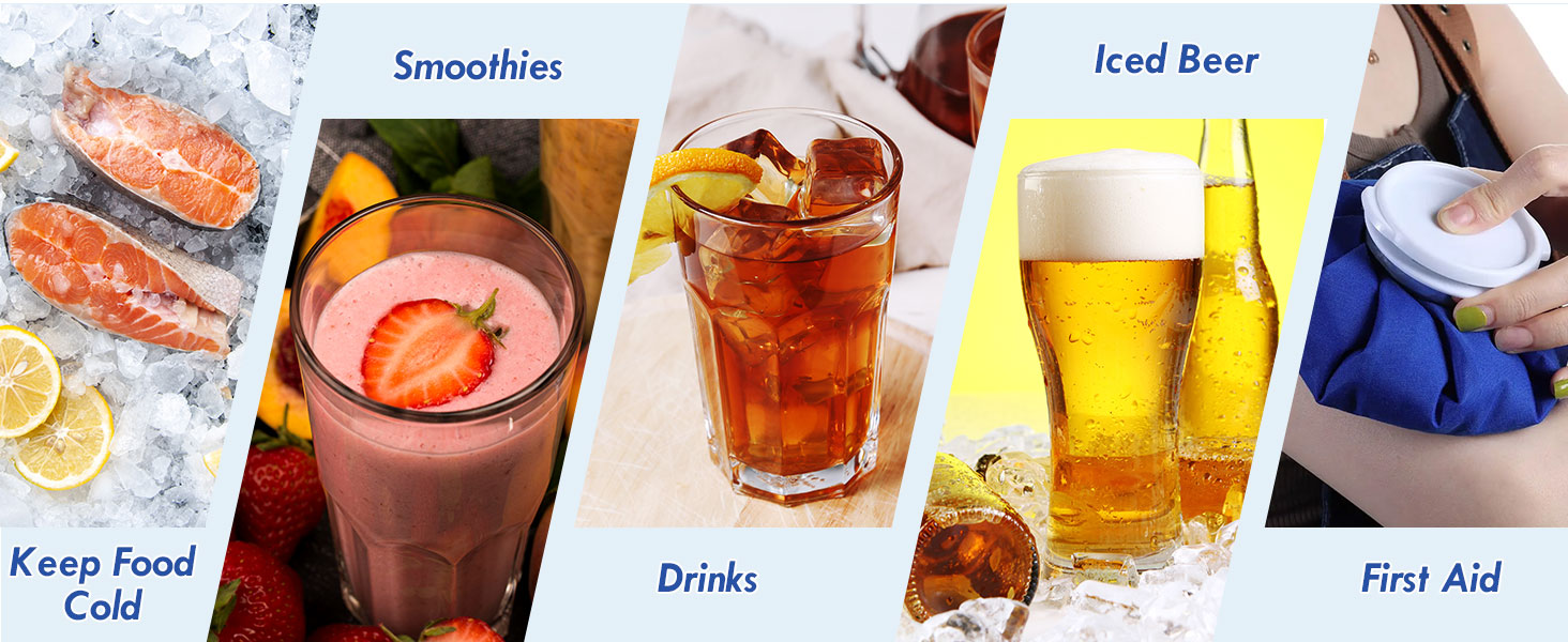 Collage of beverage images: smoothies, iced tea, and beer. Text labels include 'Smoothies', 'Iced Beer', 'Keep Food Cold', 'Drinks', and 'First Aid'.