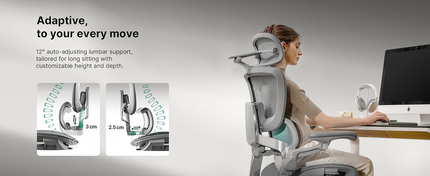 Text reads 'Adaptive, to your every move'. Shows ergonomic chair design diagrams and office setup with computer desk. Illustrates chair's adaptive movement capabilities.