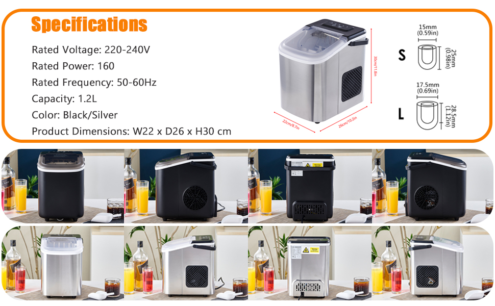 Compact ice maker with 1.2L capacity, 220-240V power rating, and black/silver finish. Multiple views show the unit producing different ice cube sizes.