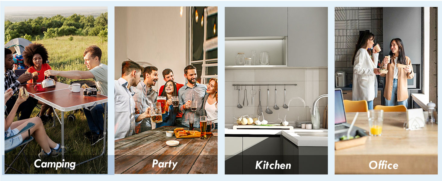 Four-panel image showing diverse settings: outdoor camping, party gathering, modern kitchen, and office space. Each panel is labeled with its corresponding setting.