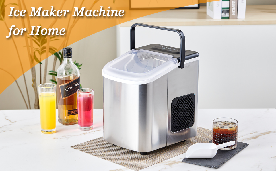 Compact countertop ice maker machine in silver and white finish with black handle, displayed with beverages and drinking glasses.