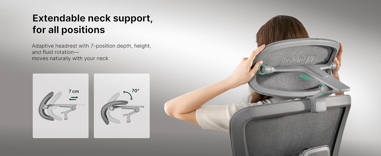 Text reads 'Extendable neck support.' Series of images showing adjustable neck support feature of a product with gray cushioning and mechanical adjustment mechanism.
