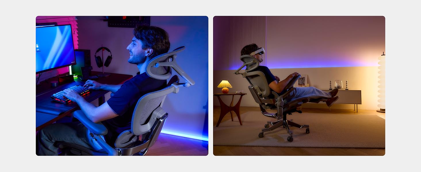 Two gaming setup images showing players in dark room with blue LED lighting, seated at computer workstations with gaming chairs and monitors.