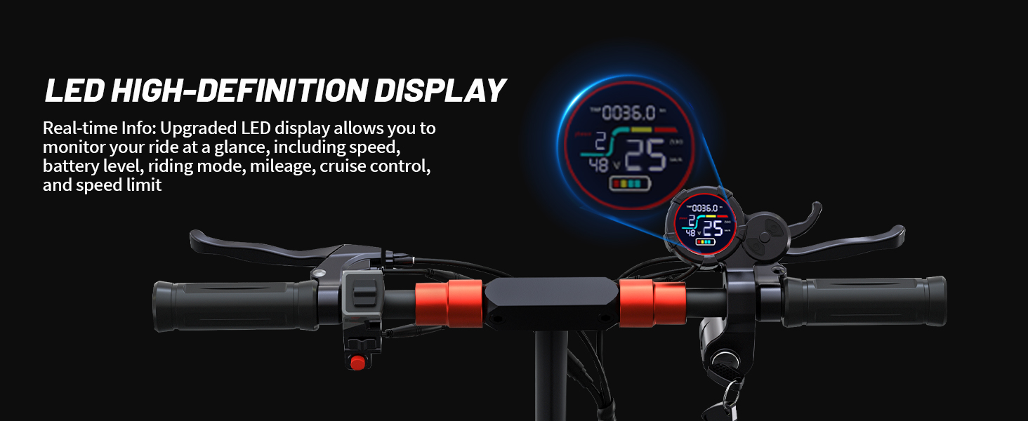 Text reads 'LED HIGH-DEFINITION DISPLAY'. Digital display interface showing various meters and indicators with red illumination.