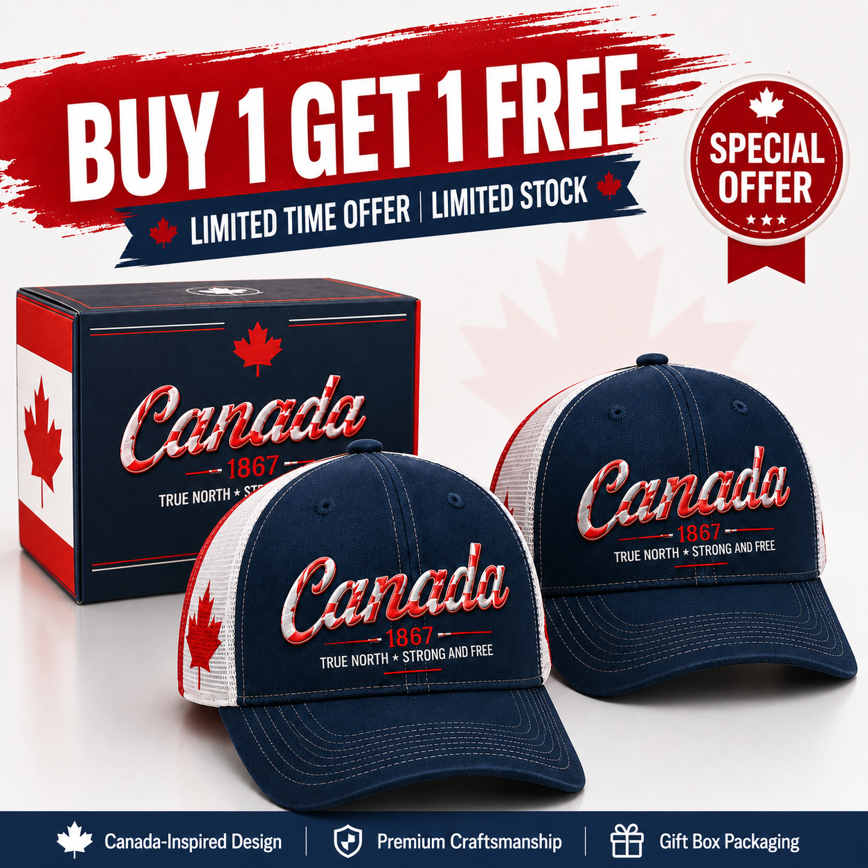 ❤️🇨🇦 BUY 1 GET 1 FREE 🍁 Canada 1867 “True North” Patriotic Trucker Cap