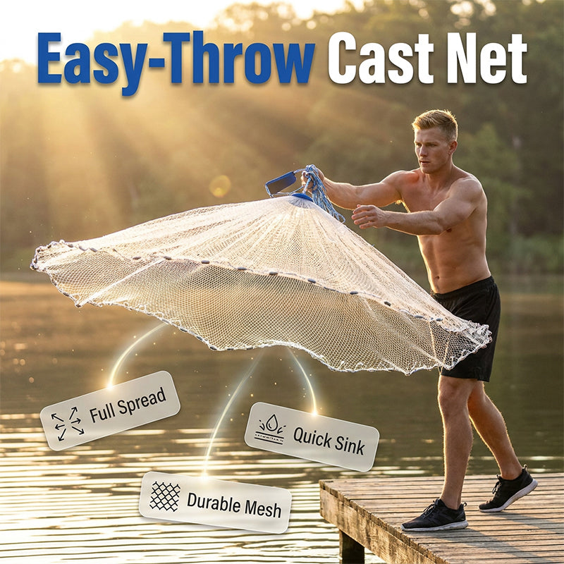 🐟Easy-Throw Cast Net – Heavy-Duty Mesh, Rapid Sinking, Versatile 🌊