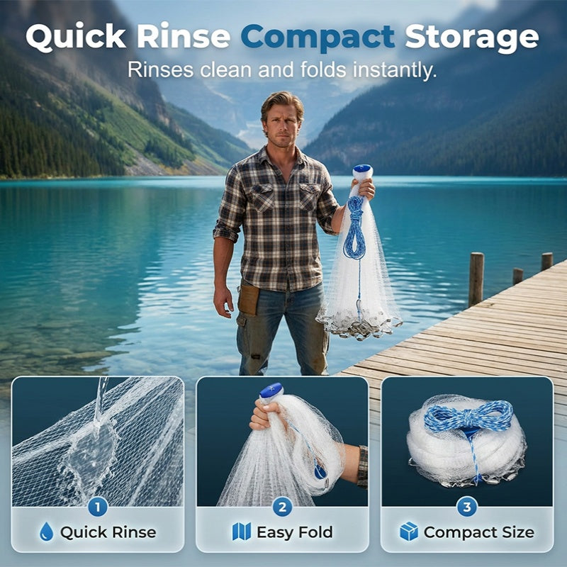 🐟Easy-Throw Cast Net – Heavy-Duty Mesh, Rapid Sinking, Versatile 🌊