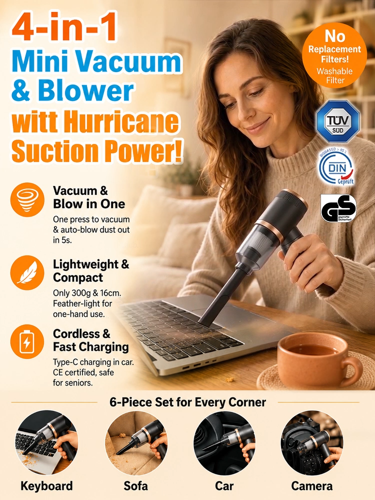 🧹[Powerful Suction, Four-in-One] Portable Cordless Vacuum Cleaner