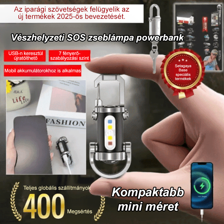 3in1 Mini LED SoS Lámpás Kulcstartó & Powerbank 20.000 mAh Gyorstöltés, Ütés- és Vízálló