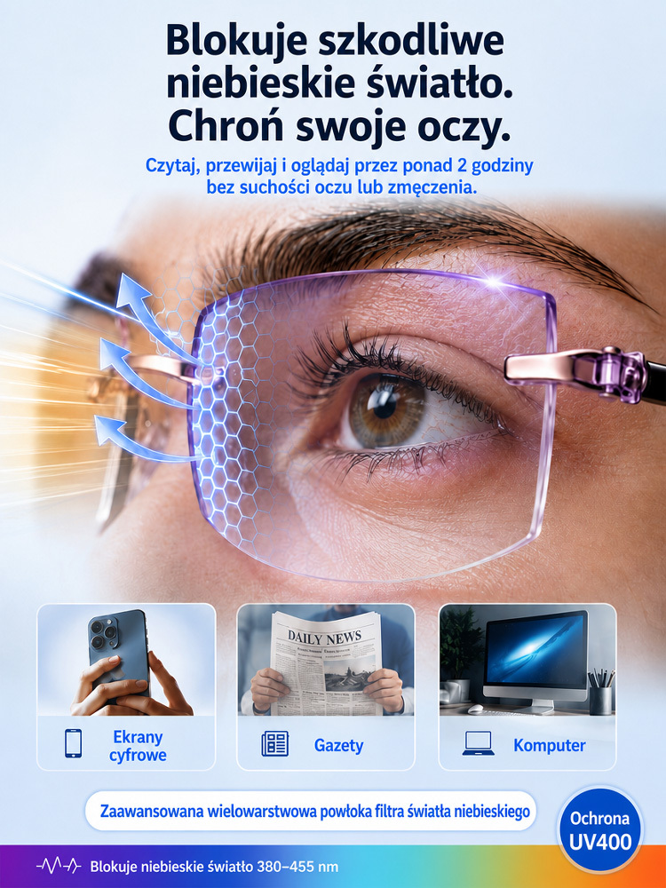 Inteligentne Okulary Auto-Focus i Fotochromowe - Diamentowe Szkła 15g, Filtrują Niebieskie Światło, Certyfikat TÜV i ISO! Wyprzedaż Magazynowa!