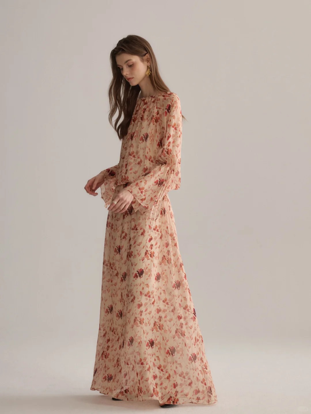 Delicate floral print and elegant lantern-sleeved chiffon dress