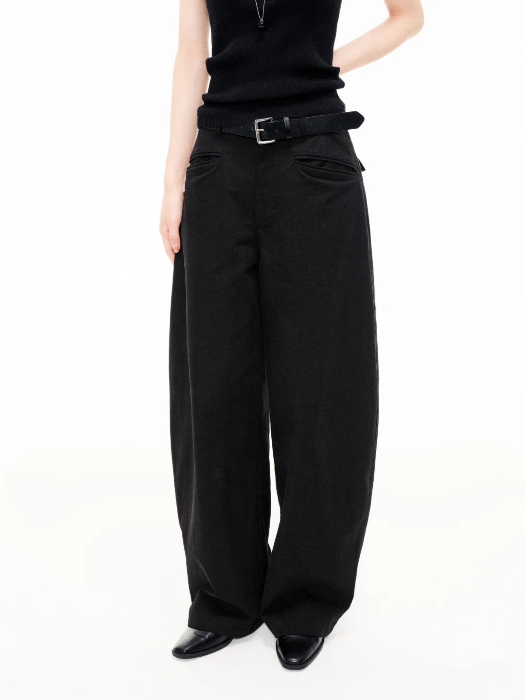 Black curved wide-leg pants