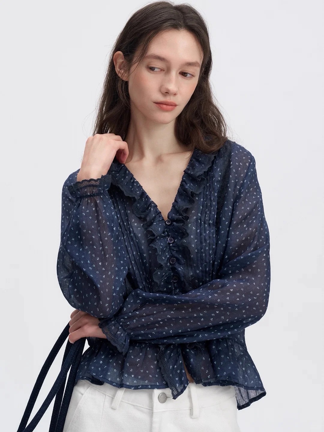 Dark blue sheer chiffon long-sleeved shirt