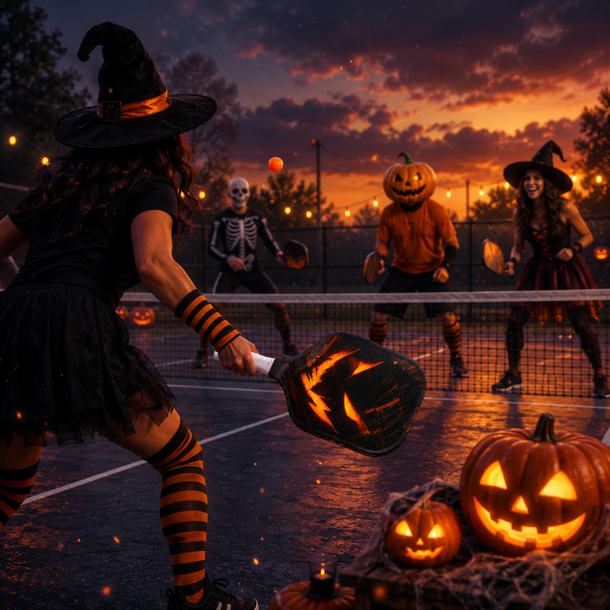 Dinkado 16mm Carbon Fiber Pickleball Paddle – Control & Spin Paddle, Halloween Jack-O’-Lantern Design