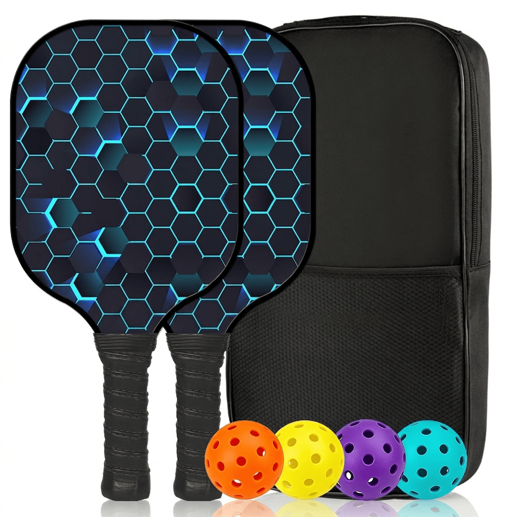 Dinkado Honeycomb Check Pickleball Paddle Set – 2 Fiberglass Paddles + 4 Balls + Bag - Honeycomb Grid - [Double Shot] + 4 Balls + 1 Pack [Set] - image 1