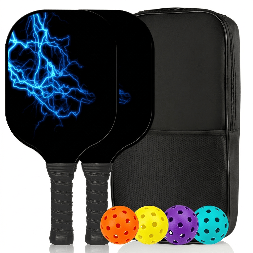 Dinkado Blue Lightning Pickleball Paddle Set – 2 Fiberglass Paddles + 4 Balls + Bag - Blue Lightning - [Double Shot] + 4 Balls + 1 Pack [Set] - image 1