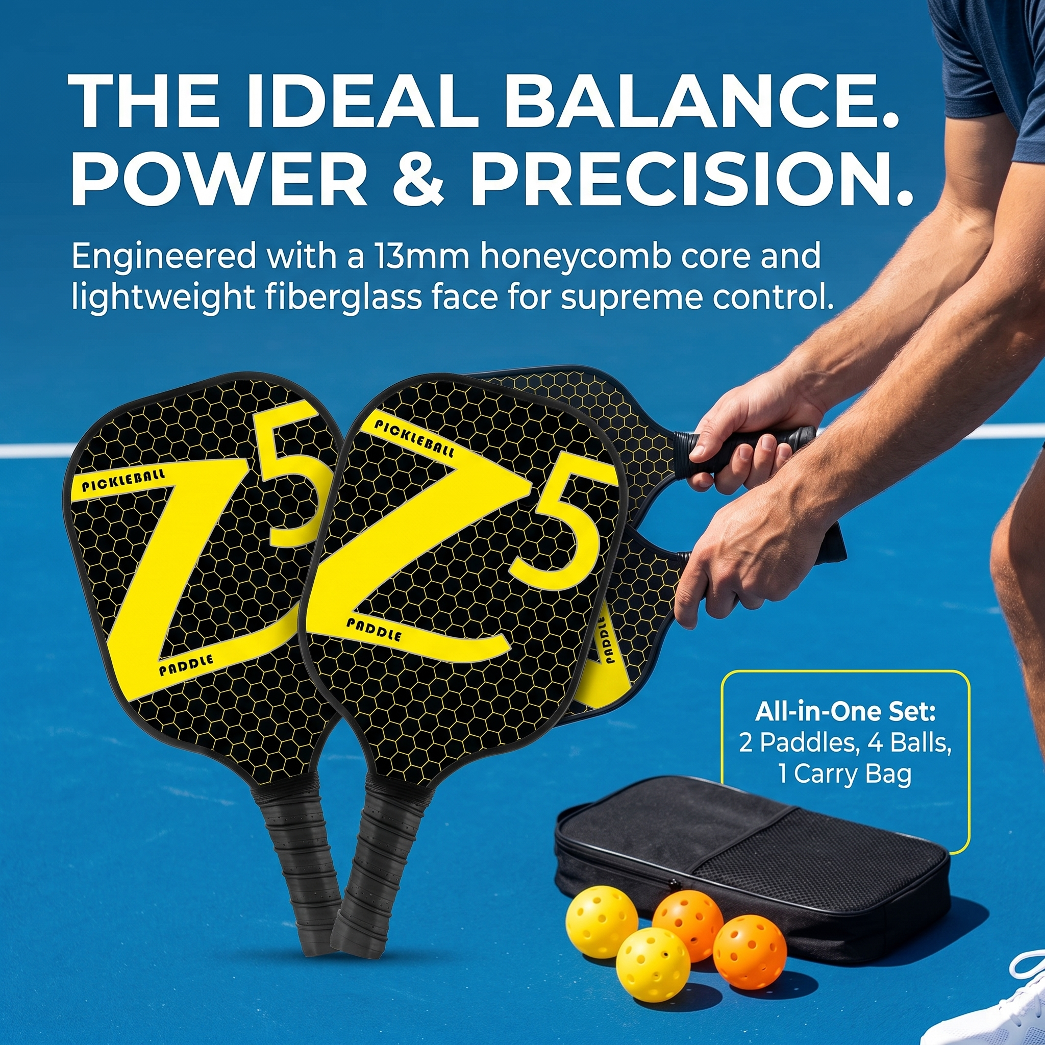 Fiberglass Pickleball Paddle for Beginners – Lightweight Honeycomb Core Racket with Pickleballs Included