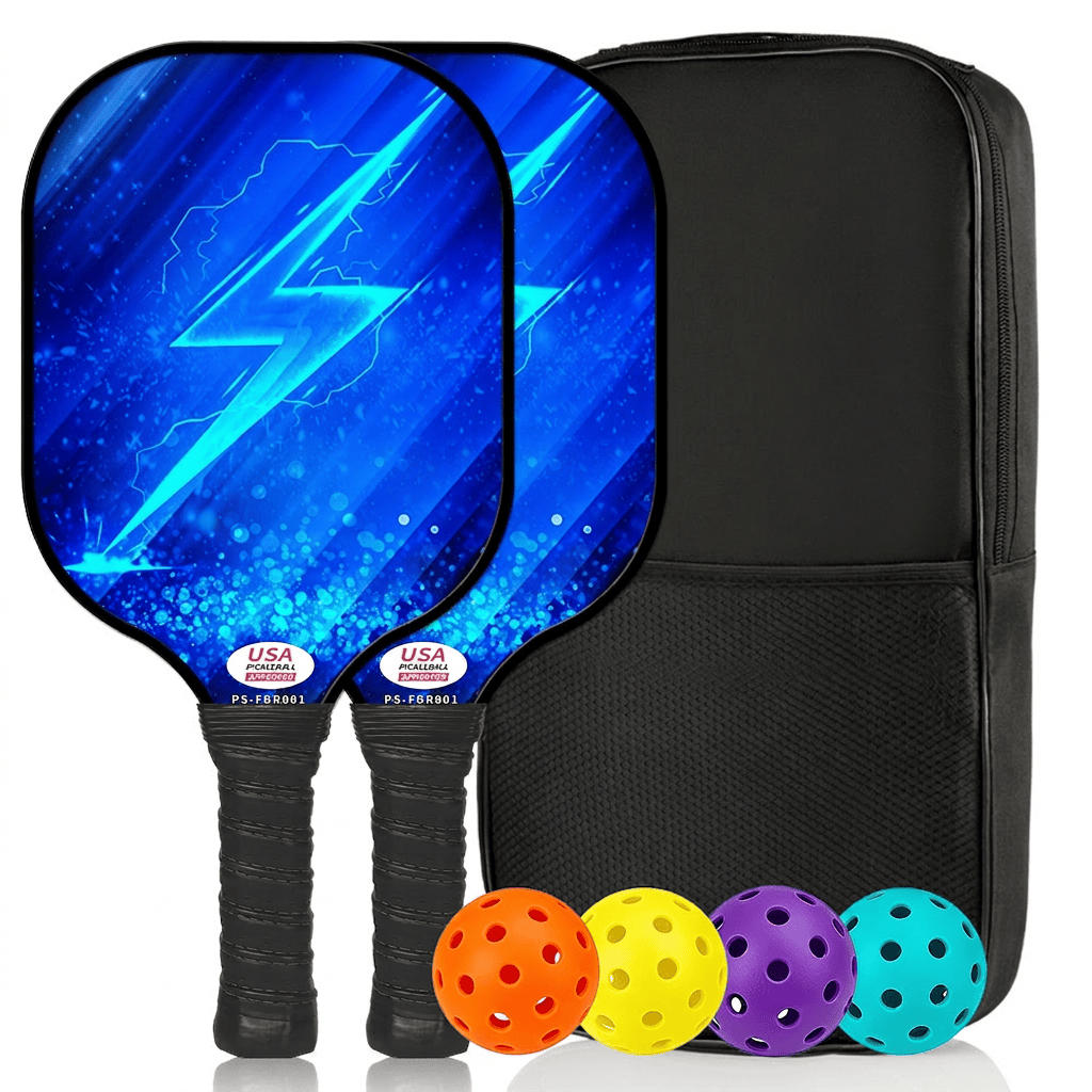 Dinkado Lightning Bolt Pickleball Paddle Set – 2 Fiberglass Paddles + 4 Balls + Bag - Lightning Symbol - [Double Tap] + 4 Balls + 1 Pack [Set] - image 1