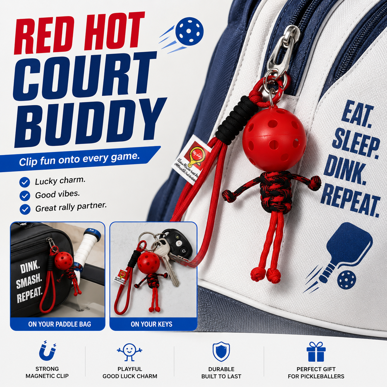 Lucky Court Buddy™ – Mini Pickleball Bag Charm & Keychain - Red - image 5