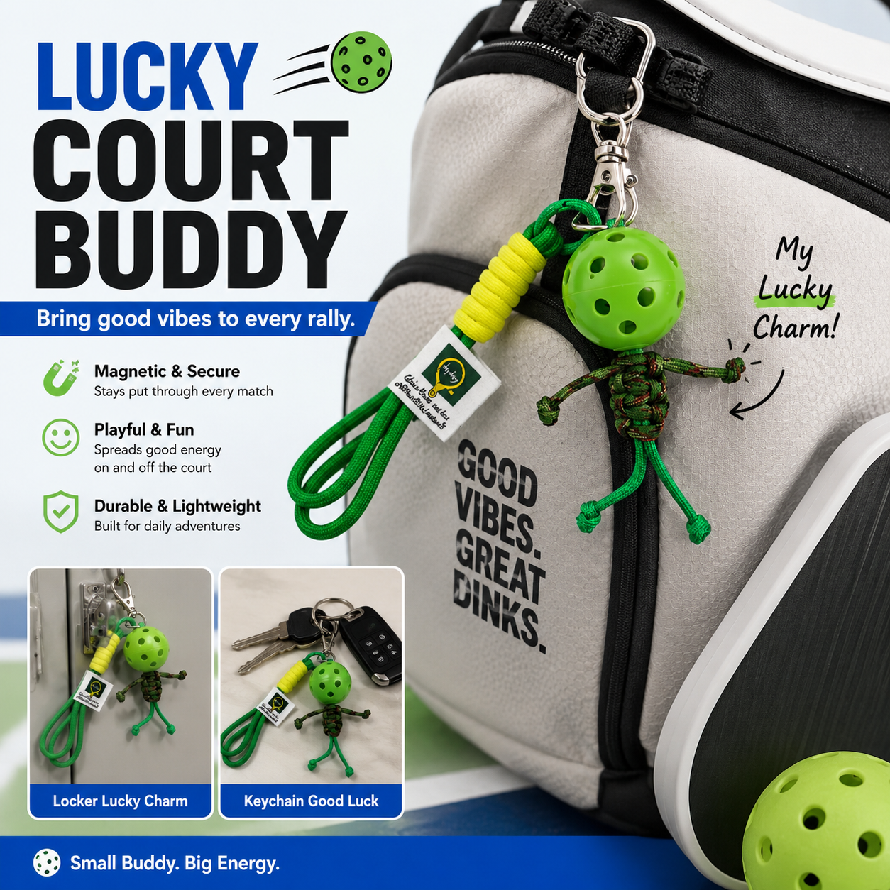Lucky Court Buddy™ – Mini Pickleball Bag Charm & Keychain - Green - image 1