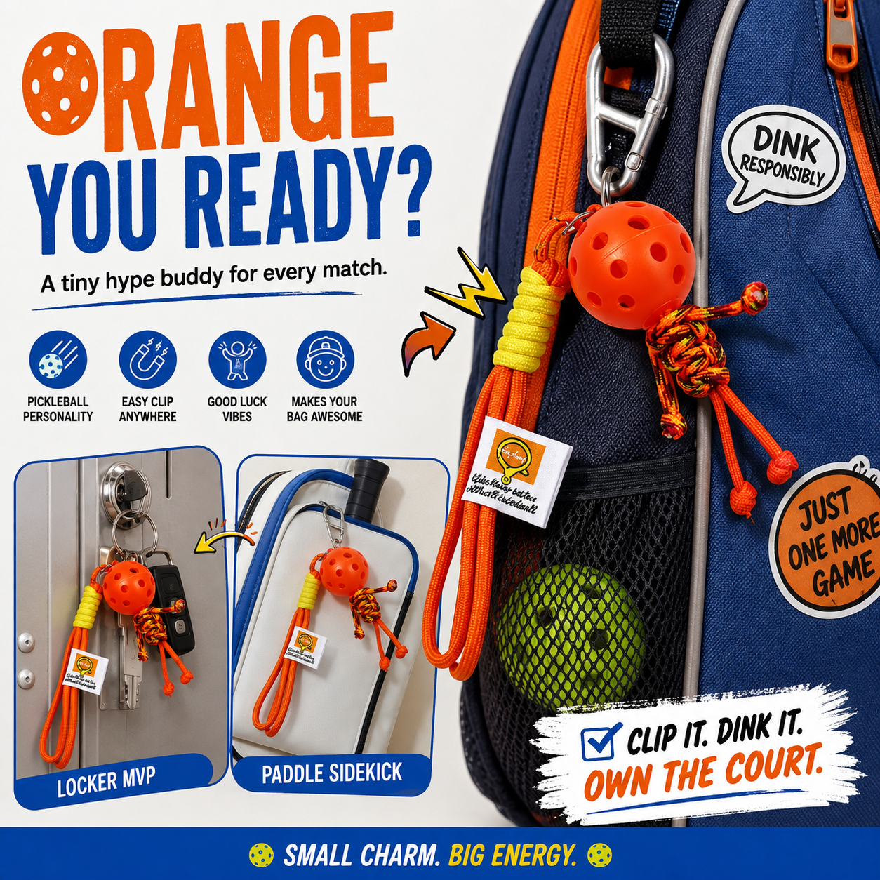 Lucky Court Buddy™ – Mini Pickleball Bag Charm & Keychain - Orange - image 9