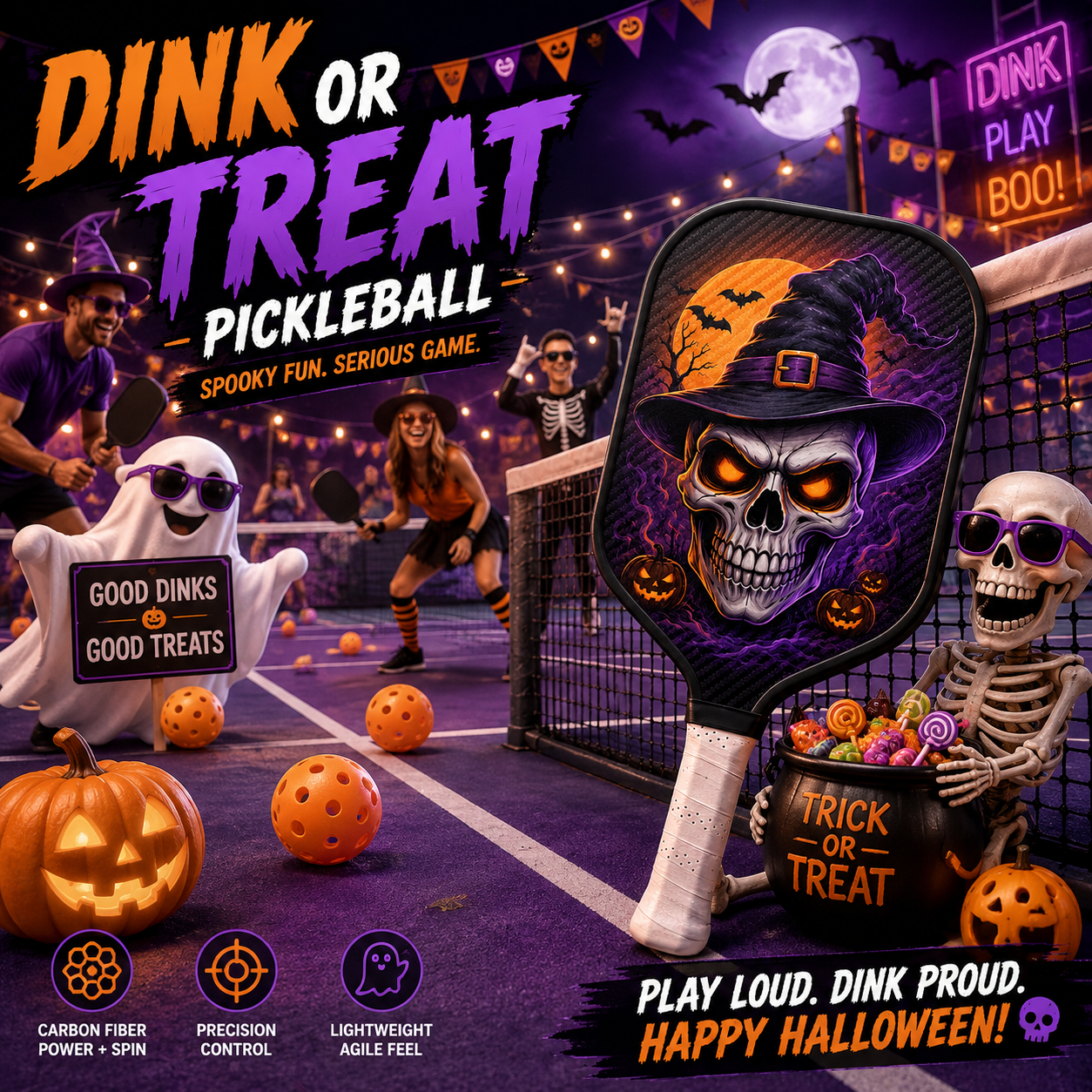 Dinkado 16mm Carbon Fiber Pickleball Paddle – Halloween Witch Skull Design for Control & Spin - image 2