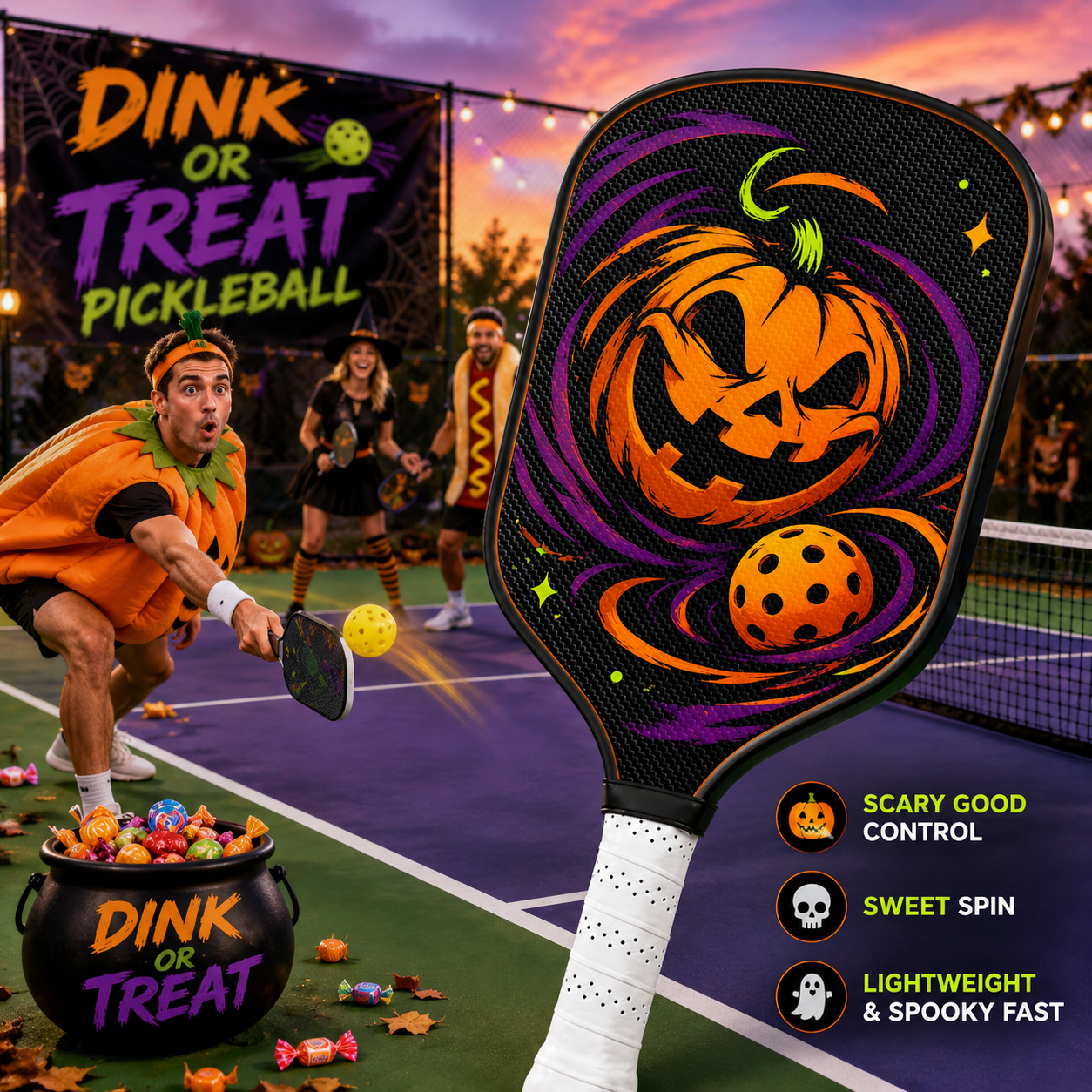 Dinkado 16mm Carbon Fiber Pickleball Paddle – Halloween Pumpkin Pickleball Design for Control & Spin - image 2