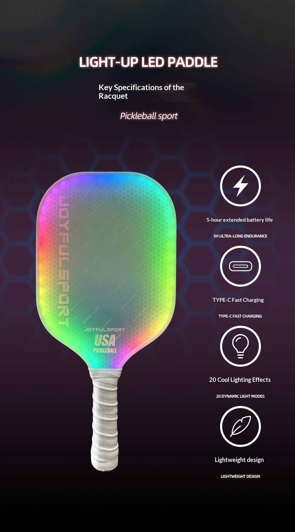 NightGlow LED Pickleball Paddle – Rechargeable Light-Up Paddle with 20 Dynamic Modes for Night Games - image 4