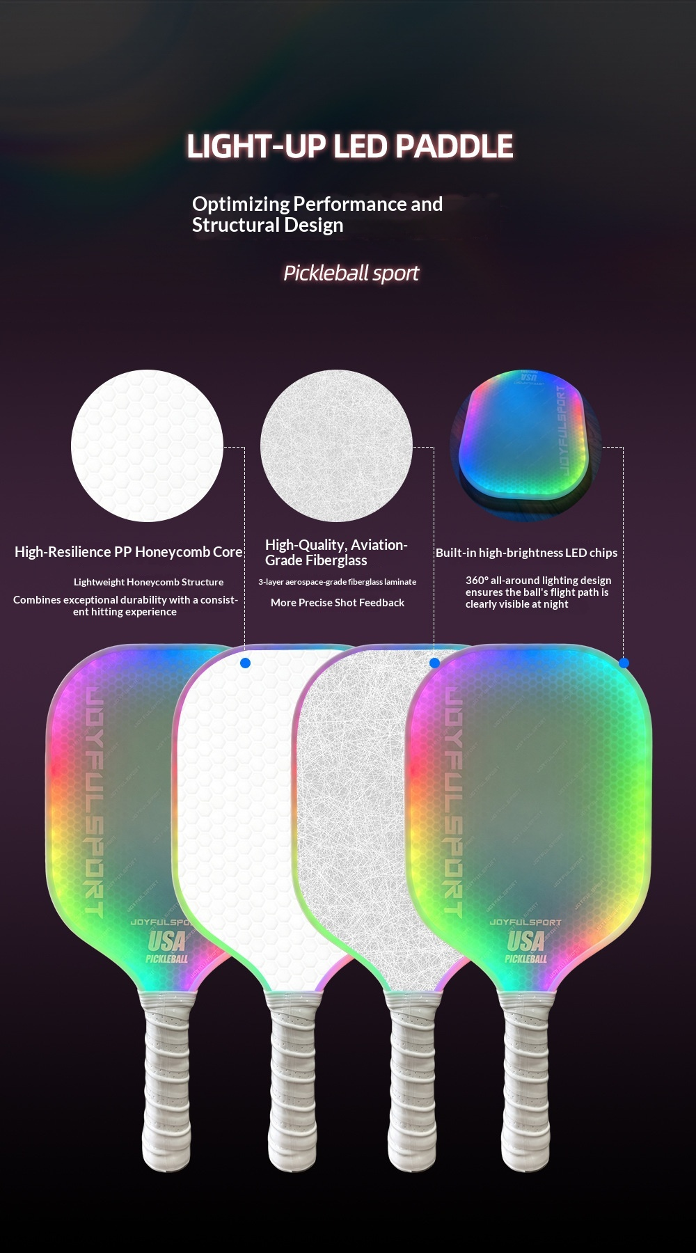 NightGlow LED Pickleball Paddle – Rechargeable Light-Up Paddle with 20 Dynamic Modes for Night Games - image 5