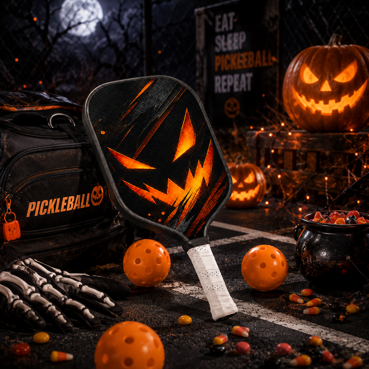 Dinkado 16mm Carbon Fiber Pickleball Paddle – Control & Spin Paddle, Halloween Jack-O’-Lantern Design