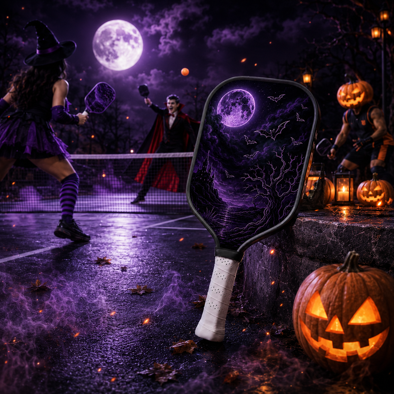 Dinkado 16mm Carbon Fiber Pickleball Paddle – Lightweight Control Paddle, Halloween Moon & Bat Design