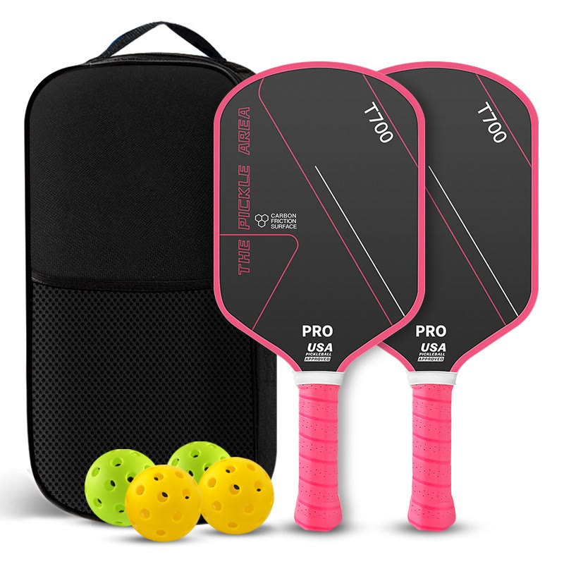 Complete T700 Carbon Fiber Pickleball Paddle Set – Professional Gear For Power & Control - Double-hit Four-ball Pack Rose Red Set - Round Head Type - [Carbon Fiber T700] - image 11