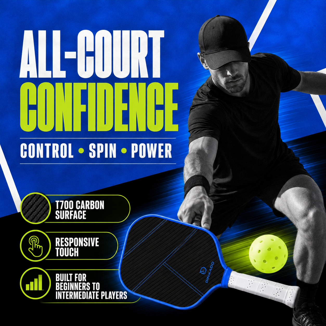 Dinkado Pro Series 16mm Carbon Fiber Pickleball Paddle – Premium T700 Surface with Control & Spin