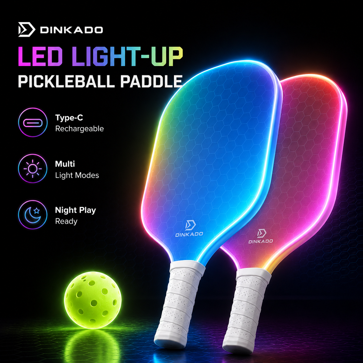 NightGlow LED Pickleball Paddle – Rechargeable Light-Up Paddle with 20 Dynamic Modes for Night Games